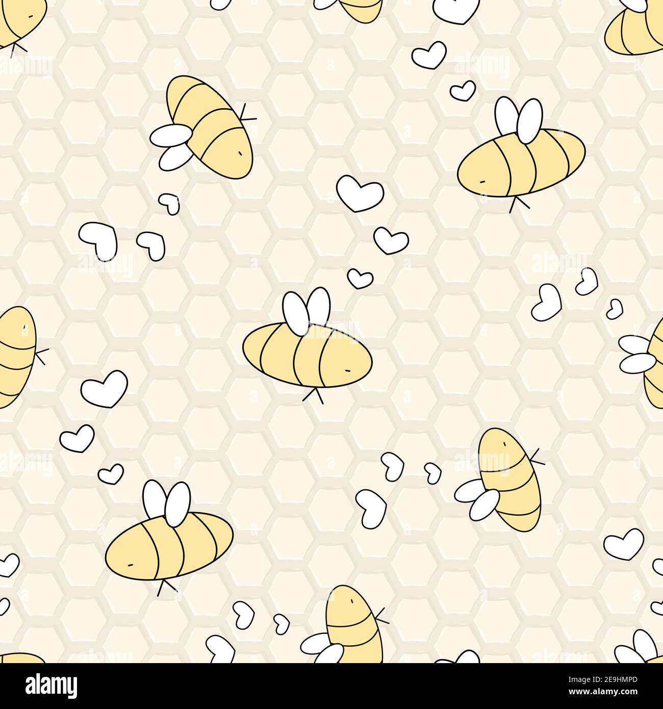 Yellow black white isolated insects. Bees are in love, hearts are near their heads are arranged in no particular order. Seamless repeat pattern on bro Stock Vector
