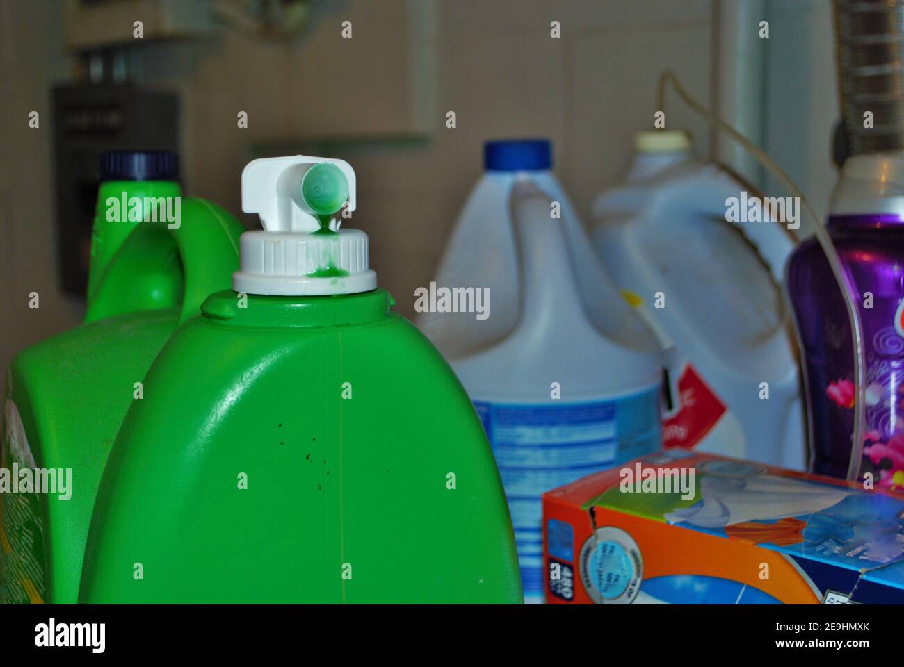 Closeup of laundry detergent fabric softener bleach and dryer sheets in