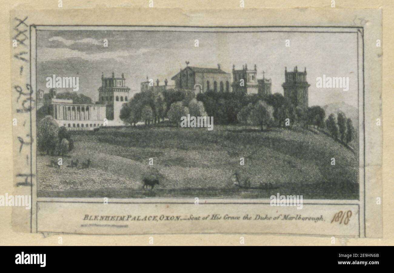 BLENHEIM PALACE, OXON. Seat of His Grace the Duke of Marlborough. Author  Pye, John 35.29.2.h. Place of publication: [London] Publisher: [William Peacock] Date of publication: [1818]  Item type: 1 print Medium: etching Dimensions: sheet 3.8 x 6.4 cm (trimmed below platemark)  Former owner: George III, King of Great Britain, 1738-1820 Stock Photo