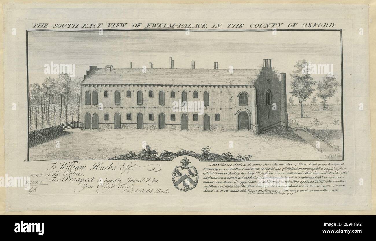 THE SOUTH EAST VIEW OF EWELM PALACE, IN THE COUNTY OF OXFORD.  Author  Buck, Samuel 35.45. Place of publication: [London] Publisher: [Samuel and Nathaniel Buck] Date of publication: [1729]  Item type: 1 print Medium: etching Dimensions: platemark 19.4 x 37.3 cm, on sheet 22.9 x 40.5 cm.  Former owner: George III, King of Great Britain, 1738-1820 Stock Photo
