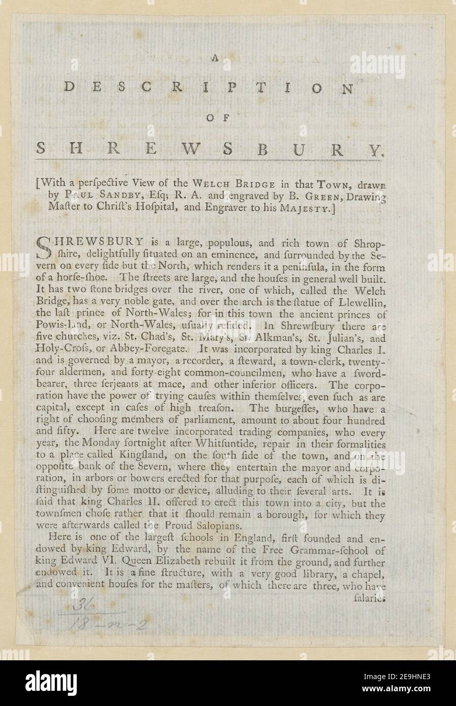 A DESCRIPTION OF SHREWSBURY. Author  Kearsley, George 36.18.n.2. Place of publication: [London] Publisher: [George Kearsley the Elder] Date of publication: [1778]  Item type: 1 sheet Medium: letterpress, recto and verso Dimensions: 24.6 x 16.7 cm  Former owner: George III, King of Great Britain, 1738-1820 Stock Photo