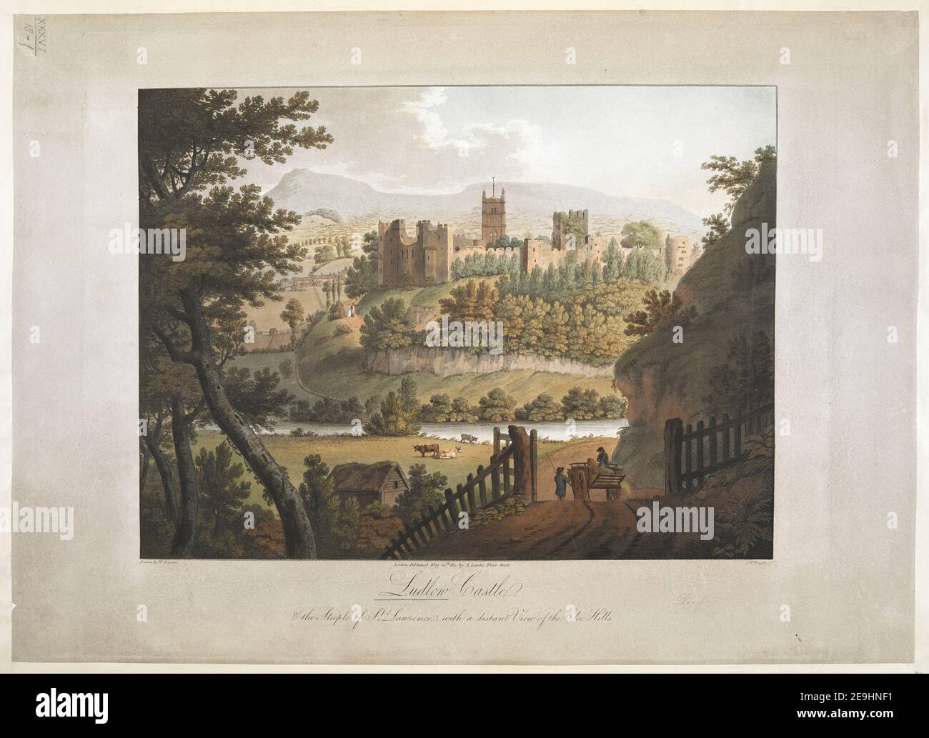 Ludlow Castle  Author  Wright, J. H. 36.15.f. Place of publication: London Publisher: Published May 20th 1812 by R Lambe, Fleet Street., Date of publication: [May 20 1812]  Item type: 1 print Medium: aquatint and etching with hand-colouring Dimensions: platemark 41 x 48.7 cm, on sheet 42.4 x 58.9 cm  Former owner: George III, King of Great Britain, 1738-1820 Stock Photo