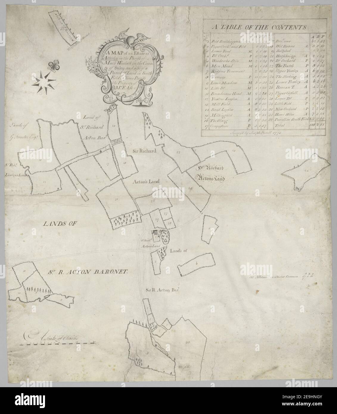 A map of an estate at Atterley in the parish of Much Wenlock, in the county of Salop, and also of a parcel of land in South Field, in the same parish, the property of Mr. F. Ash  Author  Powell, Joseph 36.23. Place of publication: [Much Wenlock] Publisher: Joseph Powell, Date of publication: 1773.  Item type: 1 map Medium: pen and ink drawing on vellum Dimensions: 66 x 57 cm  Former owner: George III, King of Great Britain, 1738-1820 Stock Photo
