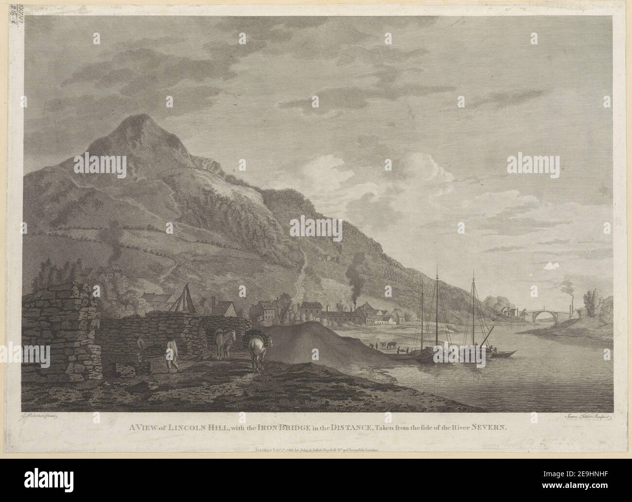 A VIEW of LINCOLN HILL, with the IRON BRIDGE in the DISTANCE, Taken from the side of the River SEVERN.  Author  Fittler, James 36.26.i. Place of publication: [London] Publisher: Published Feby. 1st. 1788, by John , Josiah Boydell No. 90, Cheapside London. Date of publication: [Feburary 1 1788]  Item type: 1 print Medium: etching and engraving Dimensions: sheet 40.0 x 55.2 cm (trimmed below platemark).  Former owner: George III, King of Great Britain, 1738-1820 Stock Photo