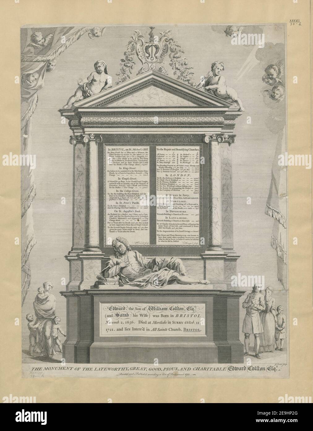 THE MONUMENT OF THE LATEWORTHY, GREAT, GOOD, PIOUS, AND CHARItabLE EDWARD COLTON ESQR.  Author  Scotin, GeÃÅrard Jean Baptiste 37.38.h. Place of publication: [London] Publisher: Printed, and Publish'd according to Act of Parliament., Date of publication: 1751.  Item type: 1 print Medium: etching and engraving Dimensions: sheet 58.2 x 44.1 cm platemark; sheet  Former owner: George III, King of Great Britain, 1738-1820 Stock Photo