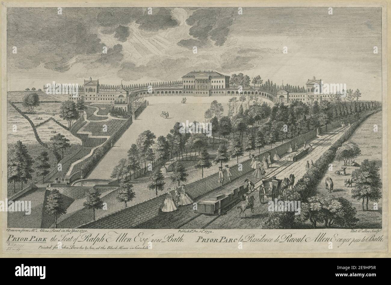 PRIOR PARK the Seat of Ralph Allen Esqr near Bath = PRIOR PARC la Residence de Raoul Allen Ecuyer pres le Bath.  Author  Walker, Anthony 38.15.4. Place of publication: [London] Publisher: Printed for John Bowles , Son at the Black Horse in Cornhill., Date of publication: Publish'd Dec 12th 1752.  Item type: 1 print Medium: etching and engraving Dimensions: sheet 28.5 x 43.7 cm platemark; sheet  Former owner: George III, King of Great Britain, 1738-1820 Stock Photo