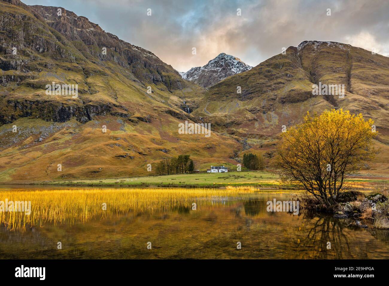 Glen Coe, Scotland: Solitary house in the Scottish Highlands along the river Coe in evening light Stock Photo