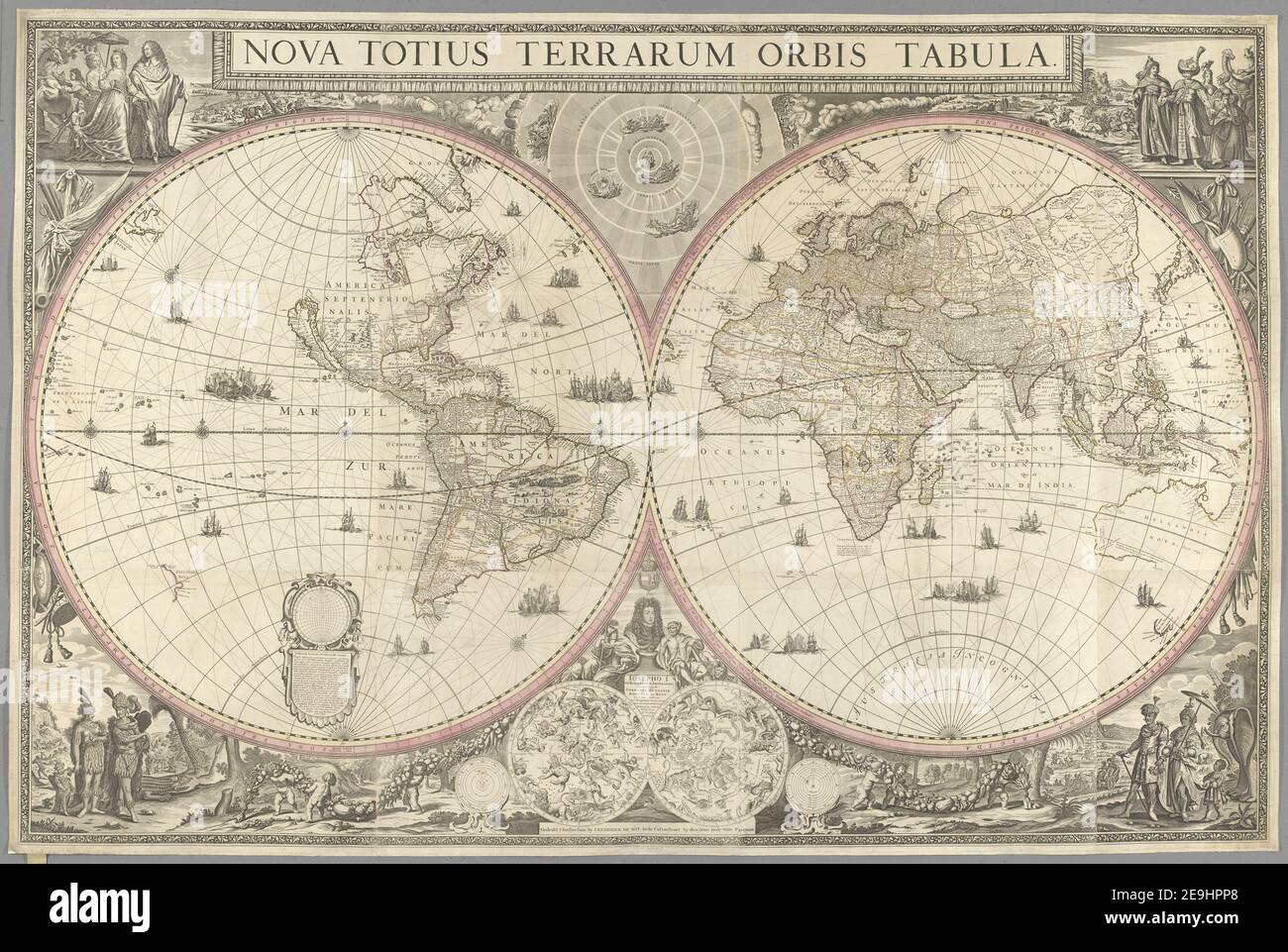 Nova totius Terrarum Orbis tabula, auctore F. de Wit.  In hemispheres on the stereographic projection  Map information:  Title: Nova totius Terrarum Orbis tabula, auctore F. de Wit. [In hemispheres on the stereographic projection] 4.10.8 tab.end. Date of publication: 1705?.  Item type: 12 tab.  Former owner: George III, King of Great Britain, 1738-1820 Stock Photo