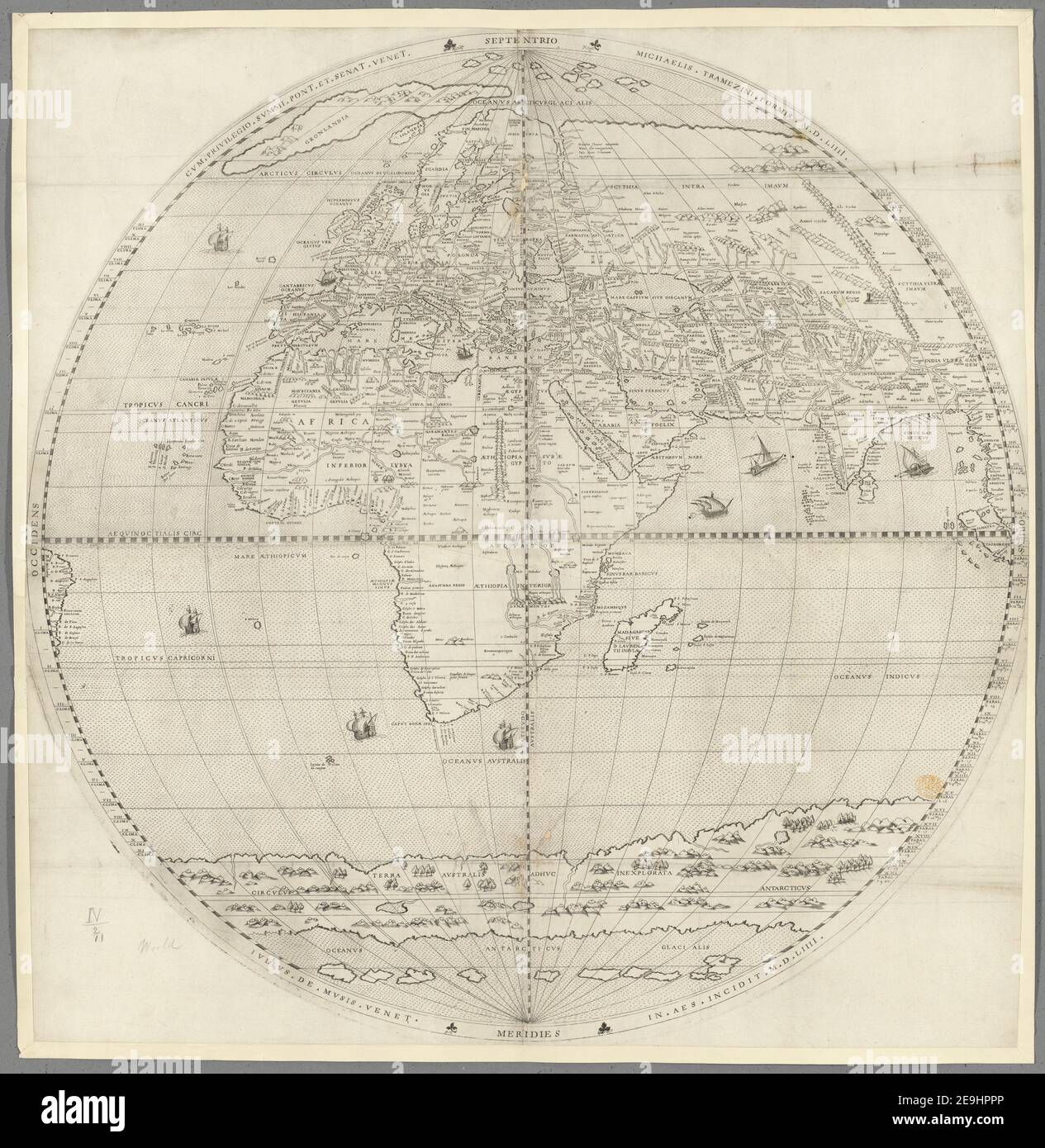 Nova totius Terrarum Orbis tabula, auct. F. de Wit.  In hemispheres on the stereographic projection  Map information:  Title: Nova totius Terrarum Orbis tabula, auct. F. de Wit. [In hemispheres on the stereographic projection] 4.11. 8 tab end.  Item type: 6 tab.  Former owner: George III, King of Great Britain, 1738-1820 Stock Photo