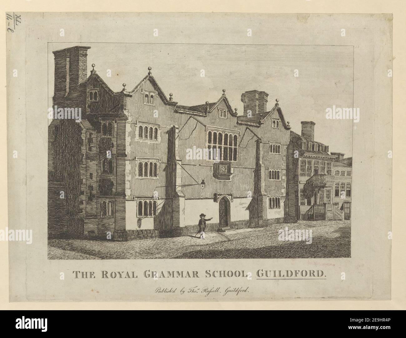 THE ROYAL GRAMMAR SCHOOL, GUILDFORD. Visual Material information:  Title: THE ROYAL GRAMMAR SCHOOL, GUILDFORD. 40.14.l. Place of publication: [Guildford] Publisher: Publish'd by Tho.s Russell, Guildford., Date of publication: [1780-1790 c.]  Item type: 1 print Medium: etching Dimensions: platemark 23.7 x 29.8 cm  Former owner: George III, King of Great Britain, 1738-1820 Stock Photo