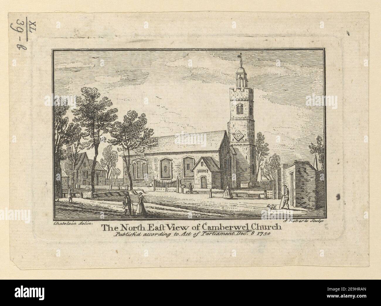 The North East View of Camberwell Church.  Author  Roberts, James 40.39.b. Place of publication: [London] Publisher: Publish'd according to Act of Parliam.t Dec.r 8., Date of publication: 1750.  Item type: 1 print Medium: etching Dimensions: platemark 8.8 x 13.3 cm.  Former owner: George III, King of Great Britain, 1738-1820 Stock Photo