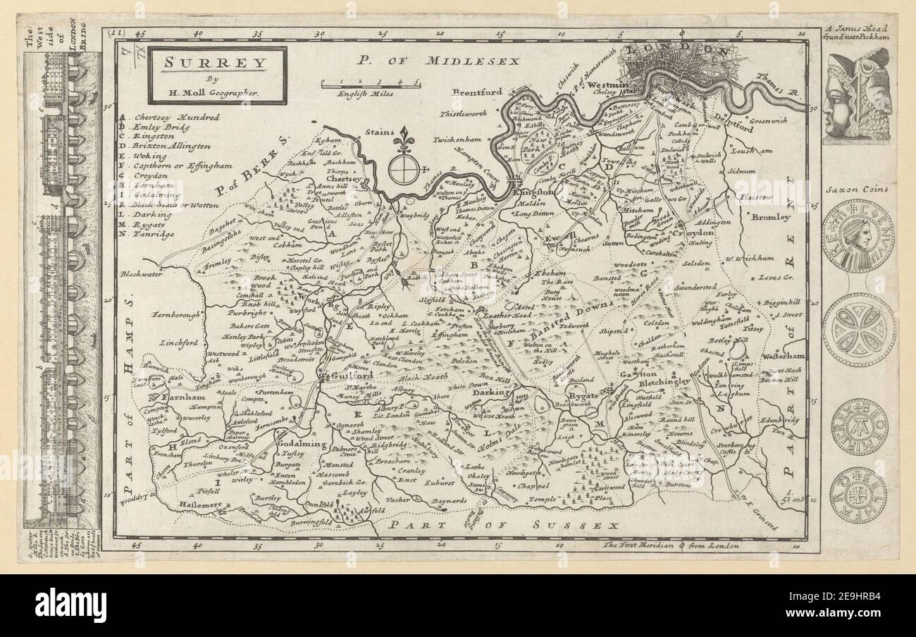 SURREY  Author  Moll, Herman 40.4. Place of publication: [London] Publisher: [T , J Bowles] Date of publication: [1724 c.]  Item type: 1 map Medium: copperplate engraving Dimensions: 17.6 x 24.5 cm  Former owner: George III, King of Great Britain, 1738-1820 Stock Photo