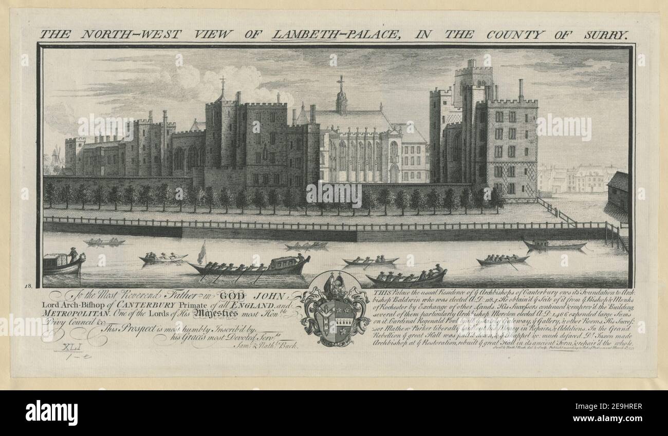 THE NORTH WEST VIEW OF LAMBETH PALACE, IN THE COUNTY OF SURRY.  Author  Buck, Nathaniel 41.1.e. Place of publication: [London] Publisher: Publisht according to Act of Parliament March 25th, Date of publication: 1737.  Item type: 1 print Medium: etching Dimensions: platemark 19.1 x 37.2 cm.  Former owner: George III, King of Great Britain, 1738-1820 Stock Photo