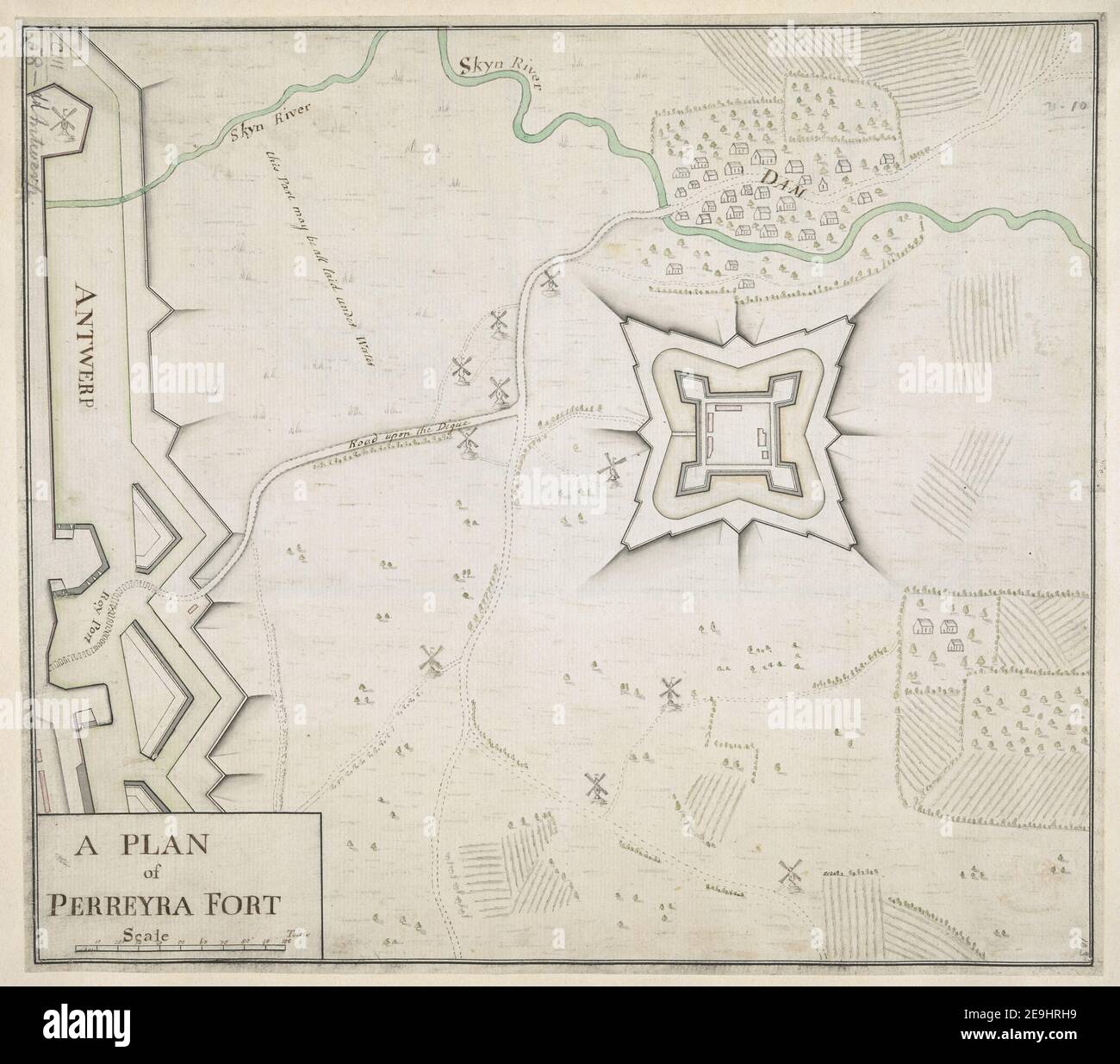 A PLAN of PERREYRA FORT. Author  Eyres, William 103.58.dd. Date of publication: [about 1745?]  Item type: 1 map Medium: manuscript, hand-coloured Dimensions: 28.1 x 31.5 cm  Former owner: George III, King of Great Britain, 1738-1820 Stock Photo