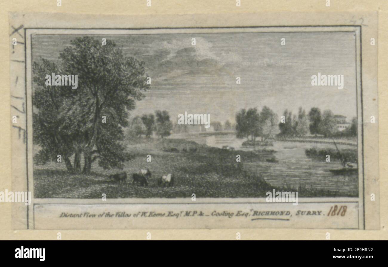 Distant View of the Villas of W. Keene Esq.r M.P. &  Visual Material information:  Title: Distant View of the Villas of W. Keene Esq.r M.P. , ; 41.17.f. Place of publication: [London] Publisher: [W. Peacock]., Date of publication: [1818]  Item type: 1 print Medium: etching Dimensions: sheet 3.7 x 6.4 cm [trimmed within platemark].  Former owner: George III, King of Great Britain, 1738-1820 Stock Photo