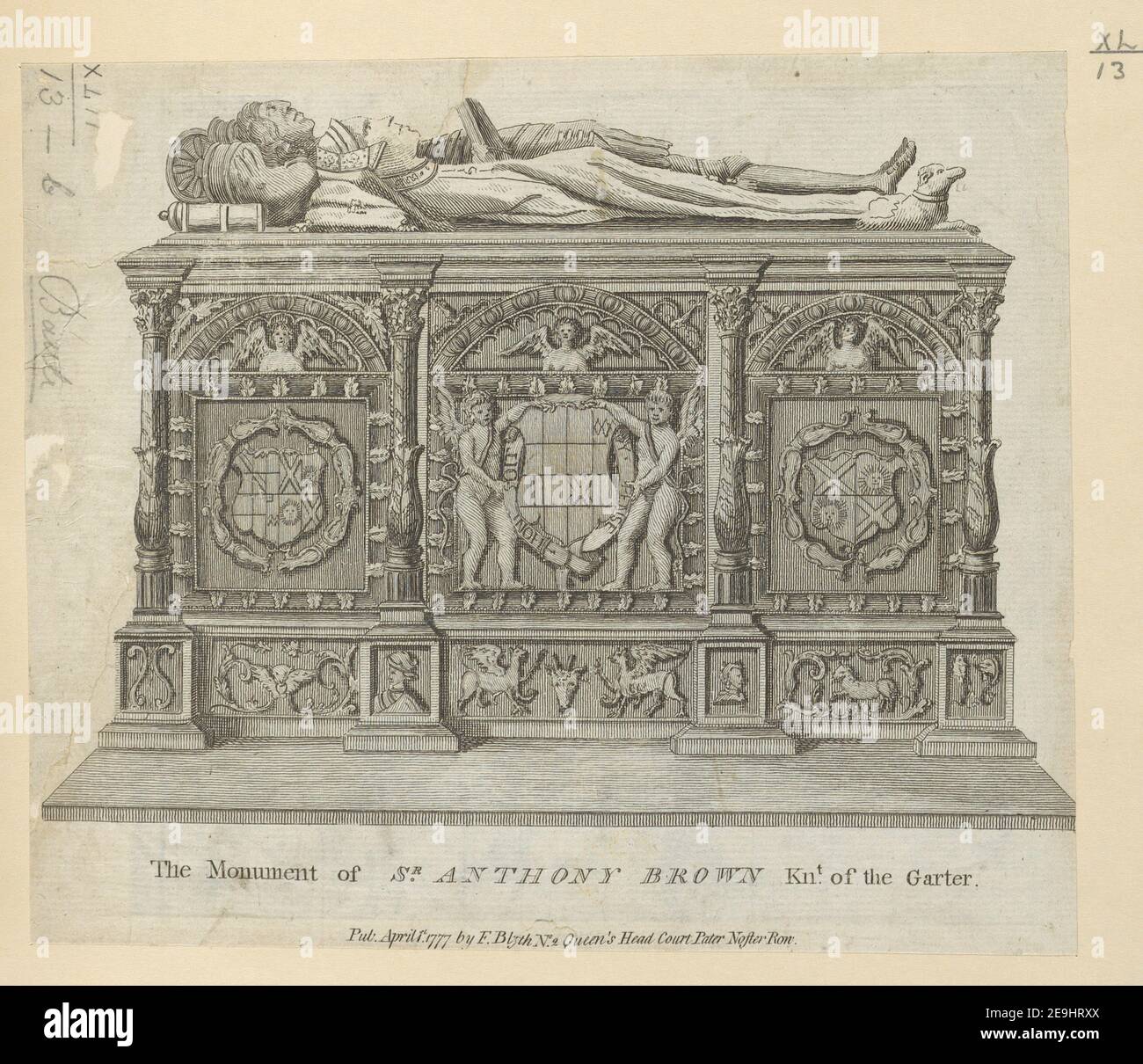 The Monument of S.R ANTHONY BROWN Kn.t of the Garter. Visual Material information:  Title: The Monument of S.R ANTHONY BROWN Kn.t of the Garter. 42.13.b. Place of publication: [London] Publisher: Pub. April 1.st 1777 by F. Blyth No.2 Queen's Head Court Pater Noster Row., Date of publication: [1777]  Item type: 1 print Medium: etching Dimensions: sheet 17.2 x 20.1 cm [trimmed within platemark]  Former owner: George III, King of Great Britain, 1738-1820 Stock Photo