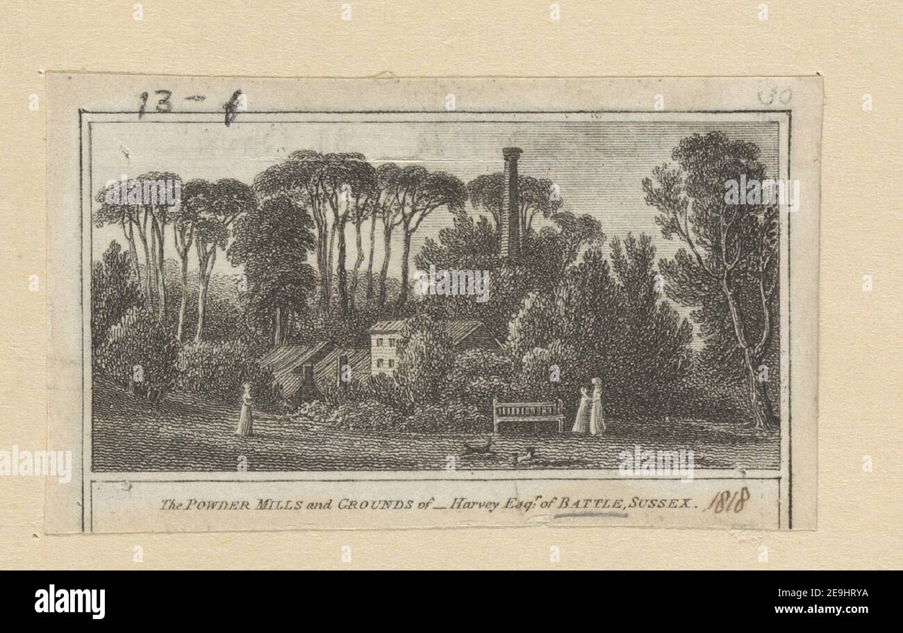 The POWDER MILLS and GROUNDS of   Harvey Esq.r of BATTLE, SUSSEX. Visual Material information:  Title: The POWDER MILLS and GROUNDS of - Harvey Esq.r of BATTLE, SUSSEX. 42.13.f. Place of publication: [London] Publisher: [W. Peacock]., Date of publication: [1818]  Item type: 1 print Medium: etching Dimensions: sheet 3.7 X 6.3 cm [trimmed within platemark].  Former owner: George III, King of Great Britain, 1738-1820 Stock Photo