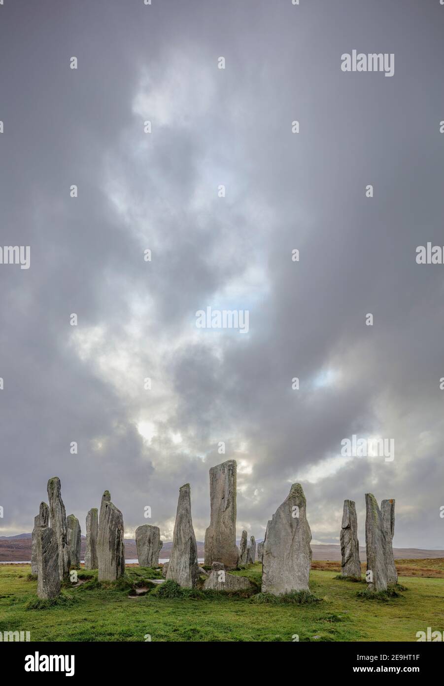 Isle of Lewis and Harris, Scotland: Storm clouds at Callanish Standing Stones Stock Photo