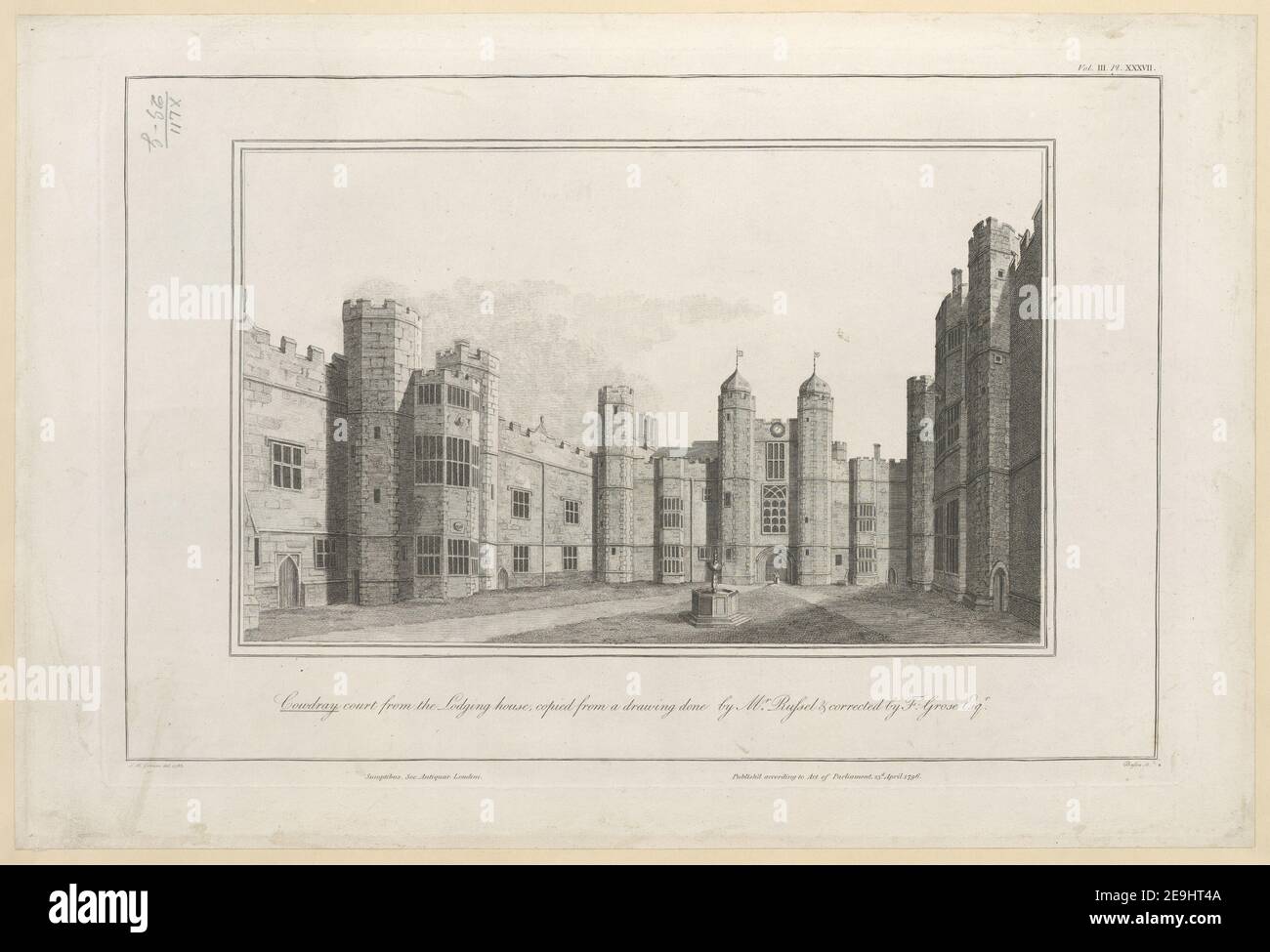 Cowdray court from the Lodging house, copied from a drawing done by Mr. Russel & corrected by F: Grose Esq.r.  Author  Basire, James 42.29.g. Place of publication: [London] Publisher: Sumptibus Soc. Antiquar. Londini. Publish'd according to Act of Parliament, 23.d April, Date of publication: 1796.  Item type: 1 print Medium: etching Dimensions: platemark 30.8 x 45.5 cm.  Former owner: George III, King of Great Britain, 1738-1820 Stock Photo