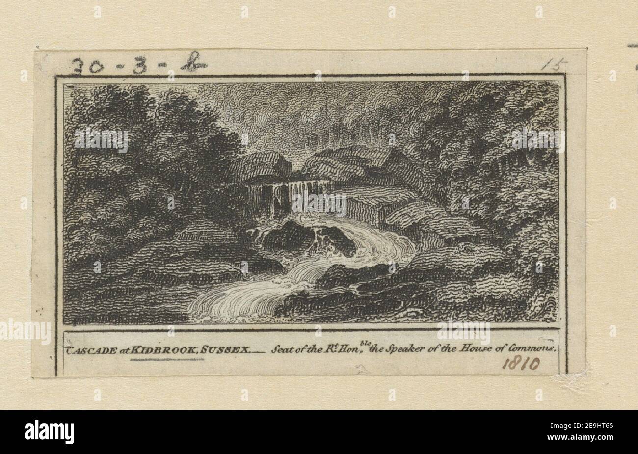 CASCADE at KIDBROOK, SUSSEX   Seat of the R.t Hon.ble the Speaker of the House of Commons. Visual Material information:  Title: CASCADE at KIDBROOK, SUSSEX - Seat of the R.t Hon.ble the Speaker of the House of Commons. 42.30.3.b. Place of publication: [London] Publisher: [W. Peacock]., Date of publication: [1810]  Item type: 1 print Medium: etching Dimensions: sheet 3.8 x 6.7 cm [trimmed within platemark].  Former owner: George III, King of Great Britain, 1738-1820 Stock Photo