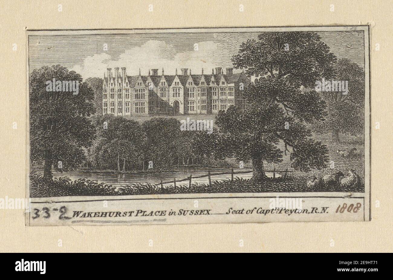 WAKEHURST PLACE in Sussex.   Seat of Capt. Peyton R.N. Visual Material information:  Title: WAKEHURST PLACE in Sussex. - Seat of Capt. Peyton R.N. 42.33.2. Place of publication: [London] Publisher: [W. Peacock]., Date of publication: [1808]  Item type: 1 print Medium: etching Dimensions: sheet 3.4 x 6.0 cm [trimmed within platemark].  Former owner: George III, King of Great Britain, 1738-1820 Stock Photo