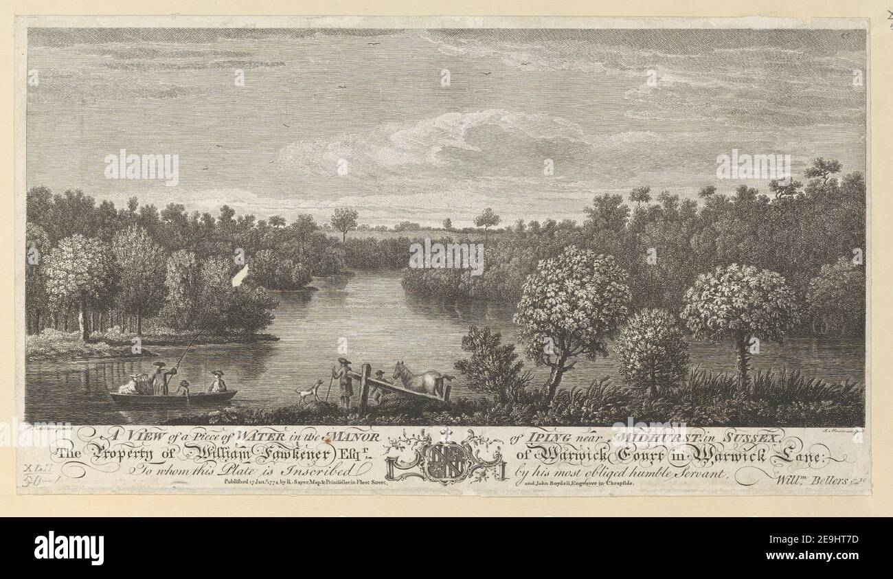 A VIEW of a Piece of WATER in the MANOR of IPING near MIDHURST, in SUSSEX,  Author  Mason, James 42.50.1. Place of publication: [London] Publisher: Published 17 Jan.y 1774, by R. Sayer, Map , Printseller in Fleet Street and John Boydell, Engraver in Cheapside., Date of publication: [1774]  Item type: 1 print Medium: etching Dimensions: sheet 20.6 X 37.0 cm [trimmed within platemark]  Former owner: George III, King of Great Britain, 1738-1820 Stock Photo