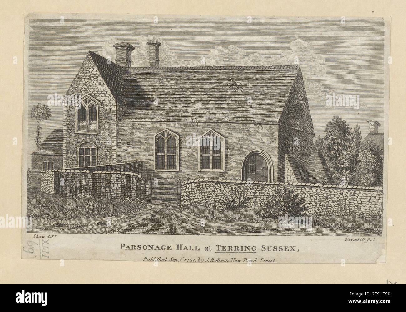 PARSONAGE HALL at TERRING SUSSEX.  Author  Ravenhill 42.69. Place of publication: [London] Publisher: Published Sep.r 1. 1791, by J. Robson, New Bond Street., Date of publication: [1791]  Item type: 1 print Medium: etching Dimensions: sheet 11.7 x 17.2 cm [trimmed within platemark].  Former owner: George III, King of Great Britain, 1738-1820 Stock Photo