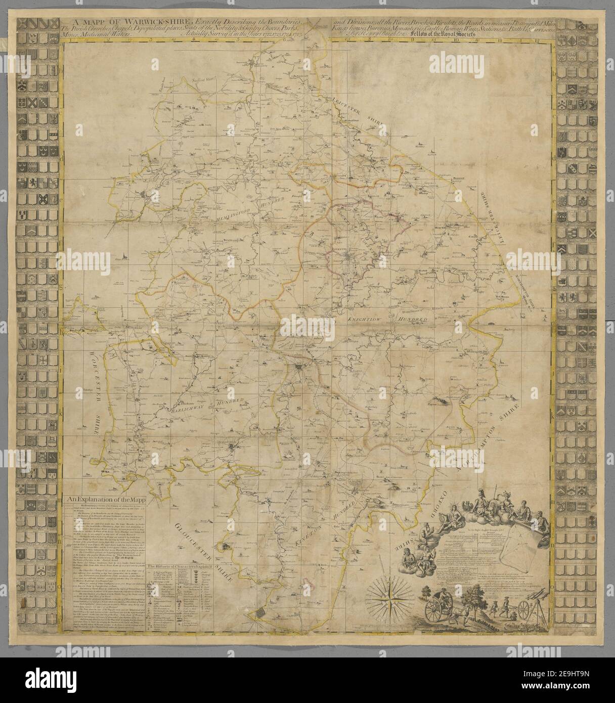 A map of Warwick shire, exactly describing the boundaries, and divisions, all the rivers, brooks & rivulets, the roads in measur'd & computed miles, the parish churches, chapels, depopulated places, seats of the no Map information:  Title: A map of Warwick-shire, exactly describing the boundaries, and divisions, all the rivers, brooks , rivulets, the roads in measur'd , computed miles, the parish churches, chapels, depopulated places, seats of the nobility , gentry, chaces, parks, kings houses, baronies, monasteries, castles, Roman ways, stations ,c., battels, garrisons, mines, medicinal-water Stock Photo