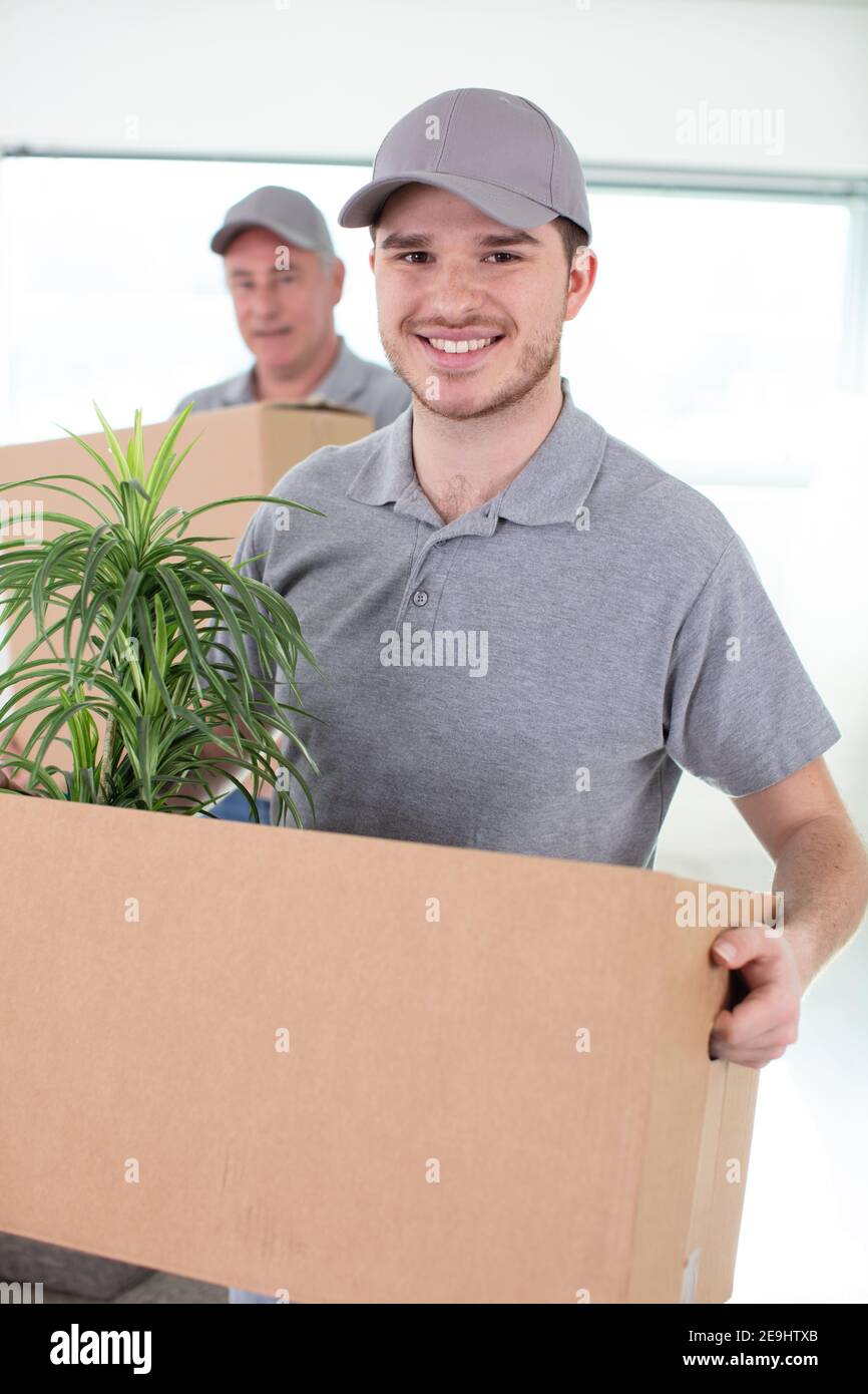 professional workers with cardboard boxes Stock Photo Alamy