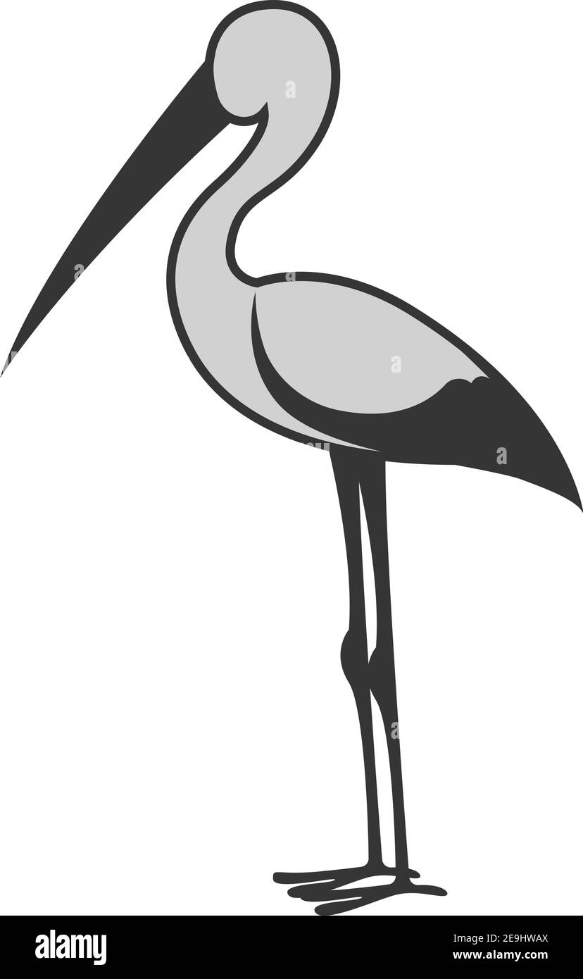 Grey stork, illustration, vector on white background. Stock Vector