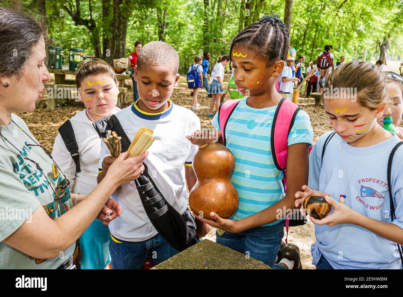 Alabama Moundville Archaeological Park Site,Middle Mississippian Era culture Native American Indian,historical village museum class field trip student Stock Photo