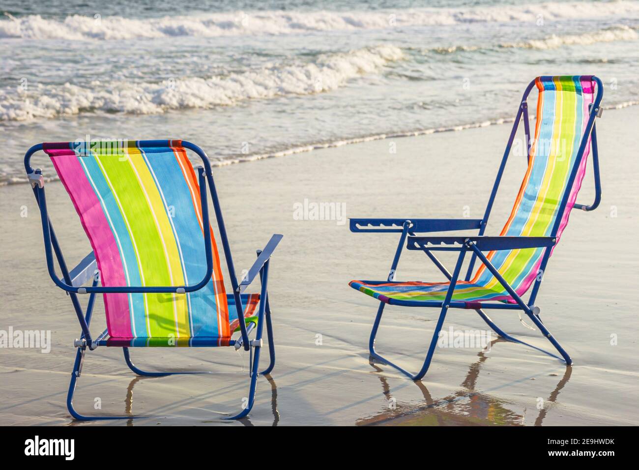 Alabama Orange Beach Gulf of Mexico Coast surf,folding chairs sand, Stock Photo