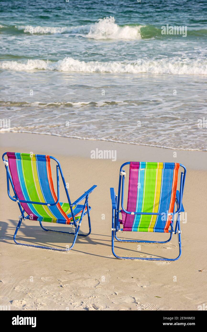 Alabama Orange Beach Gulf of Mexico Coast surf,folding chairs sand, Stock Photo