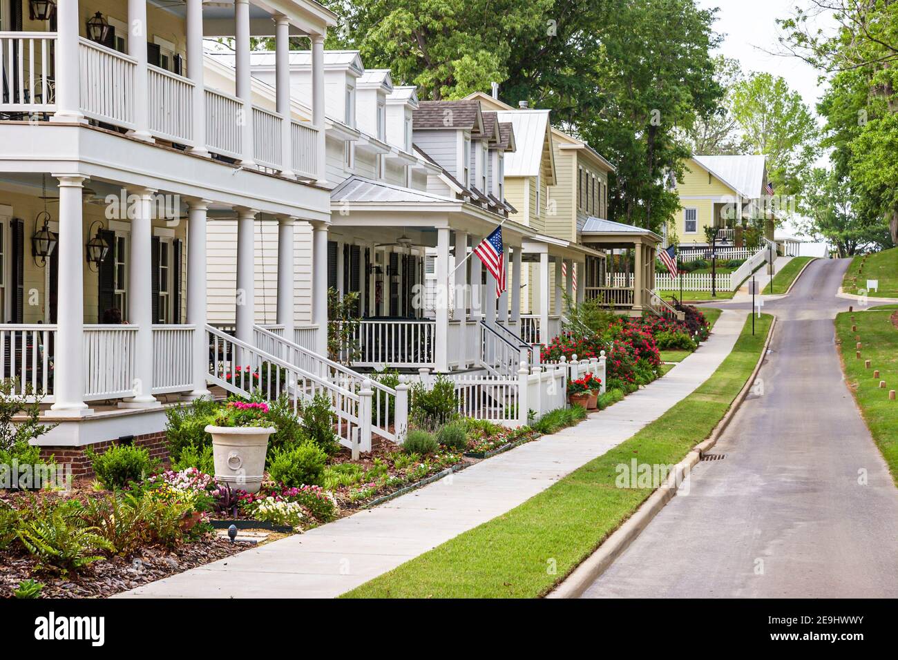 Alabama Montgomeery Pike Road The Waters planned community homes,traditional Americana architecture porch front entrance exterior picket fence, Stock Photo