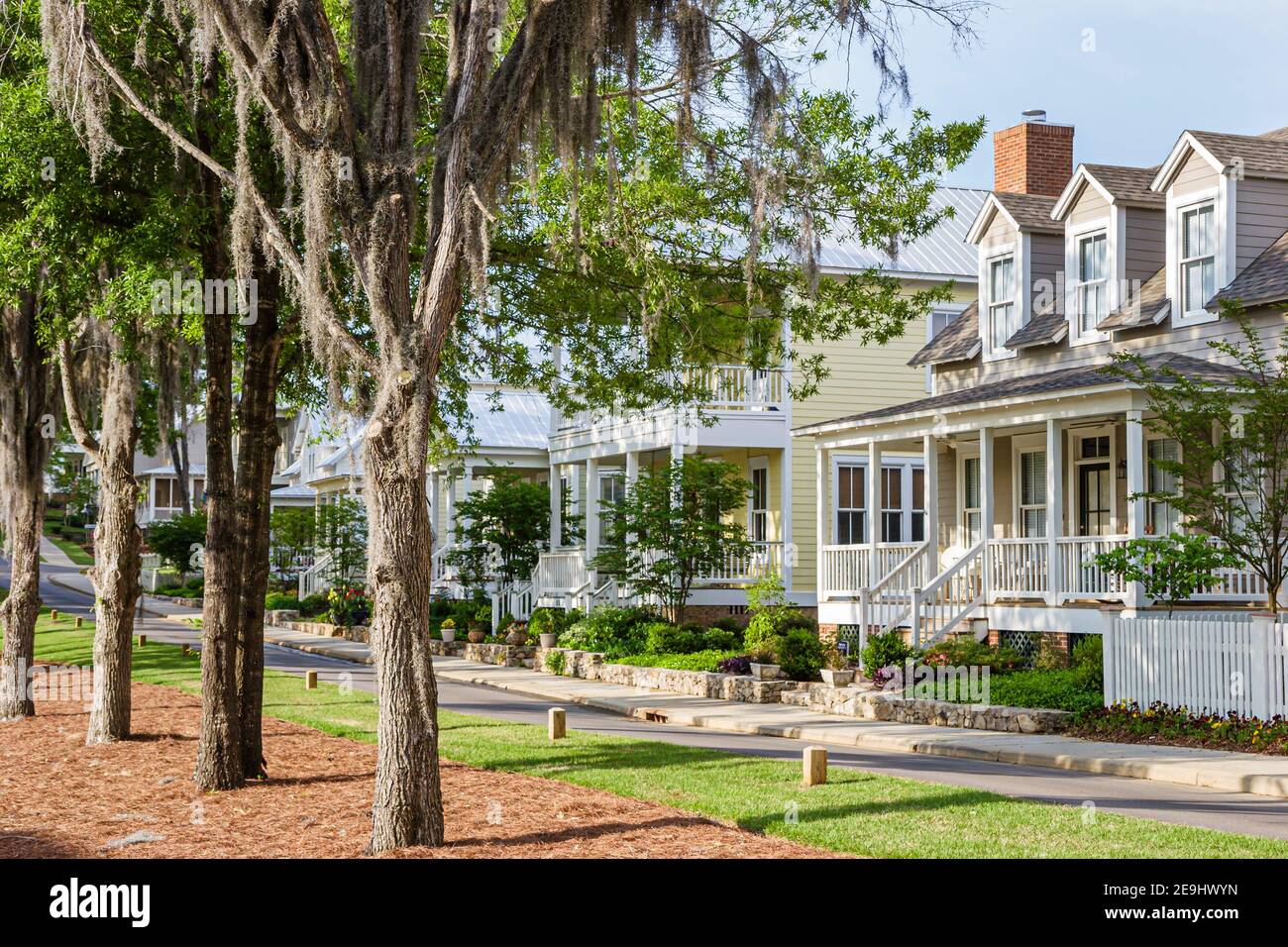 Alabama Montgomeery Pike Road The Waters planned community homes,traditional Americana architecture porch front entrance exterior Spanish moss, Stock Photo