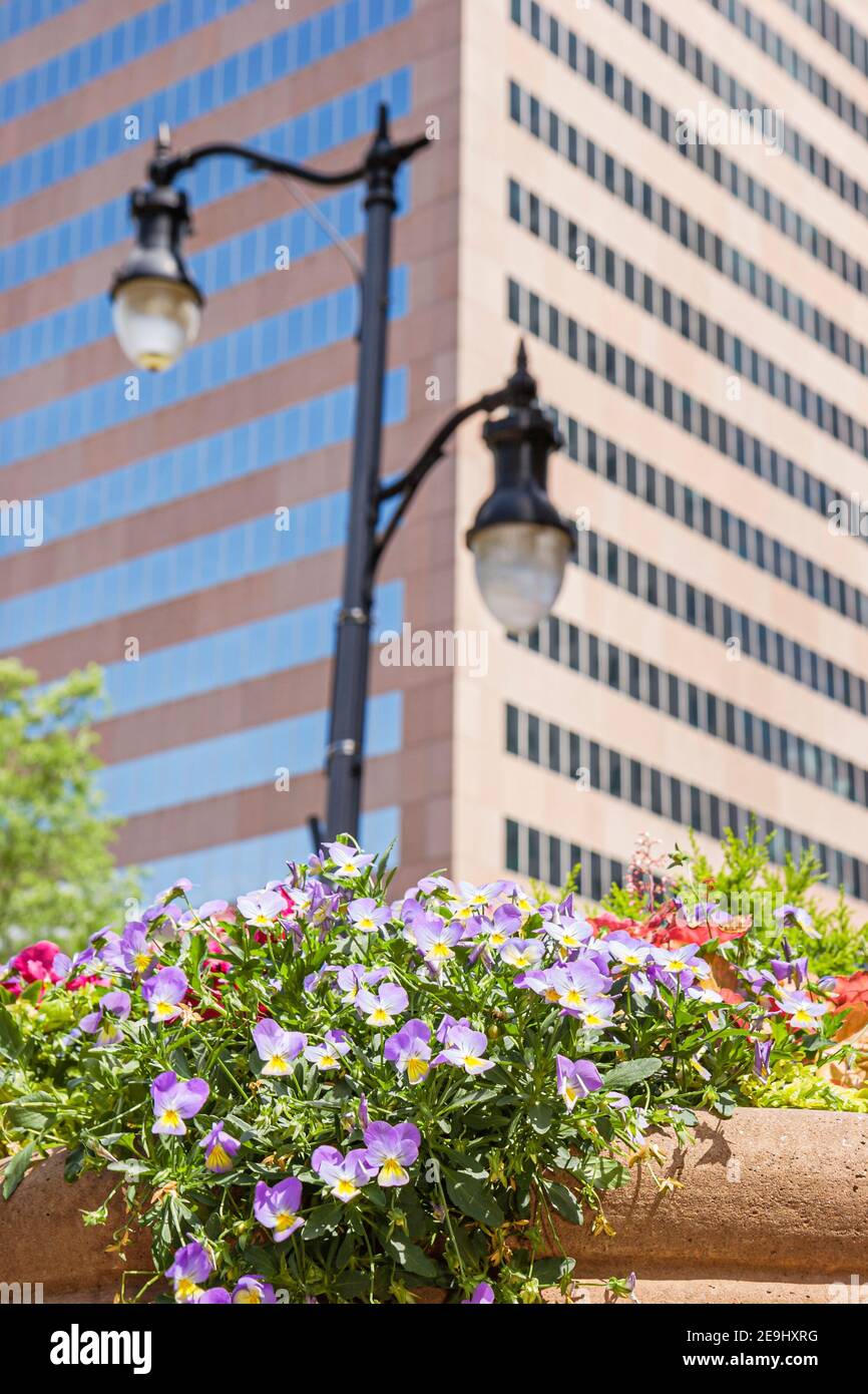 Birmingham Alabama,downtown city center centre,flower basket hanging lamp post office building, Stock Photo