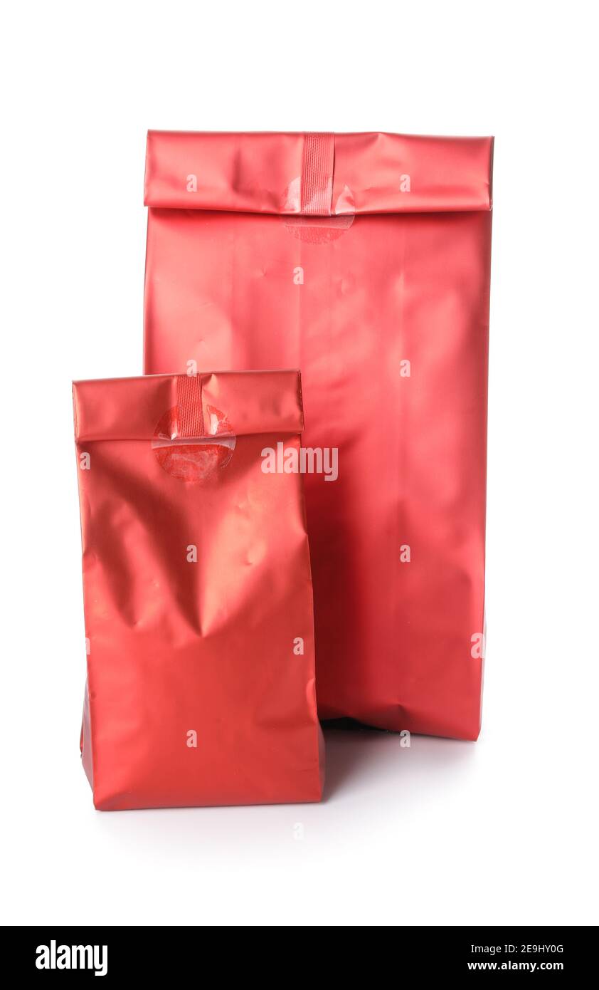 Coffee bags on white background Stock Photo - Alamy