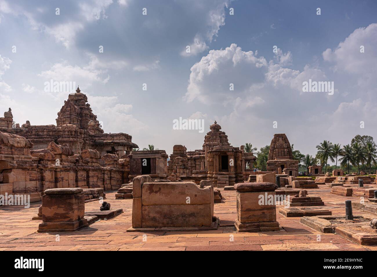 Bagalakote, Karnataka, India - November 7, 2013: Pattadakal temple complex. Brown stone landscape of brown stone ruinous  temple buildings and more un Stock Photo