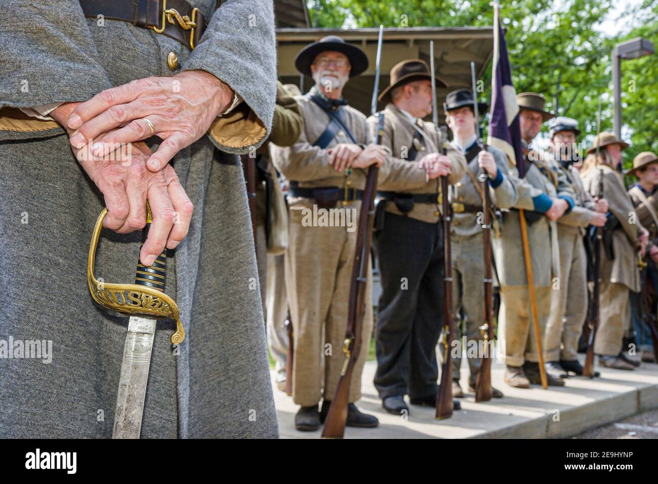 Alabama Marbury Confederate Memorial Park,Civil War reenactors period costume soldiers holding swords, Stock Photo