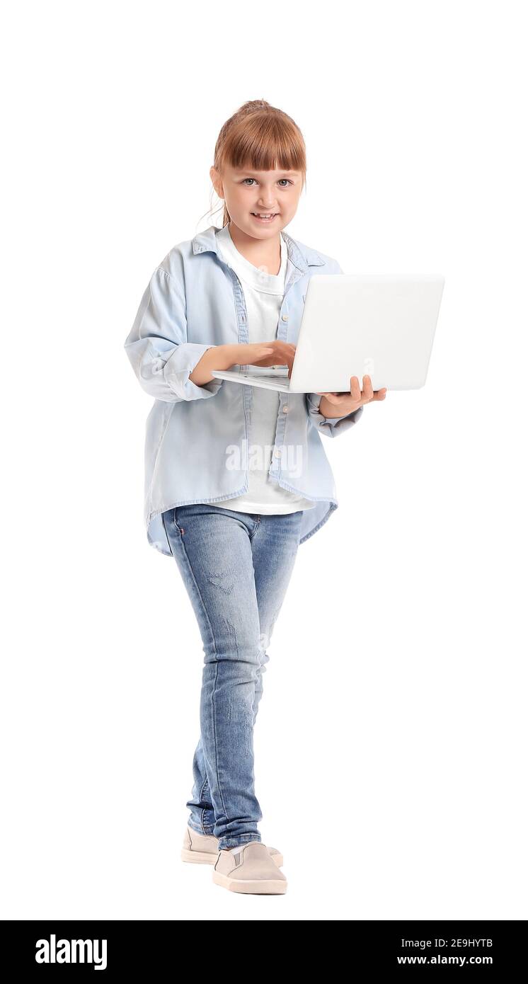 Little girl with laptop on white background Stock Photo - Alamy