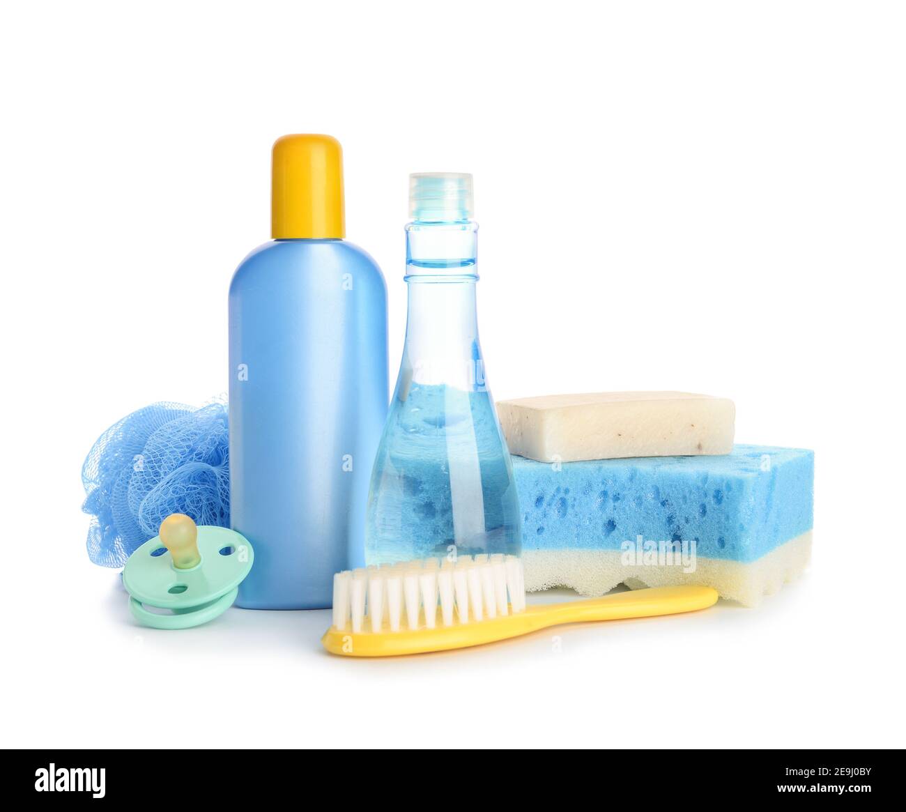 Different bath accessories for baby on white background Stock Photo Alamy