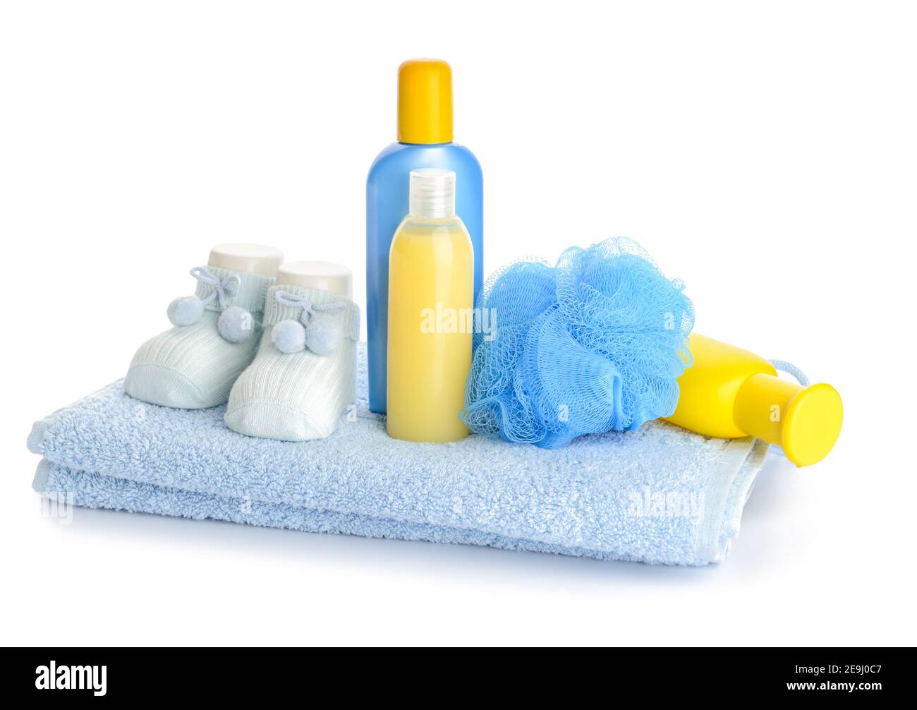 Different bath accessories for baby on white background Stock Photo Alamy