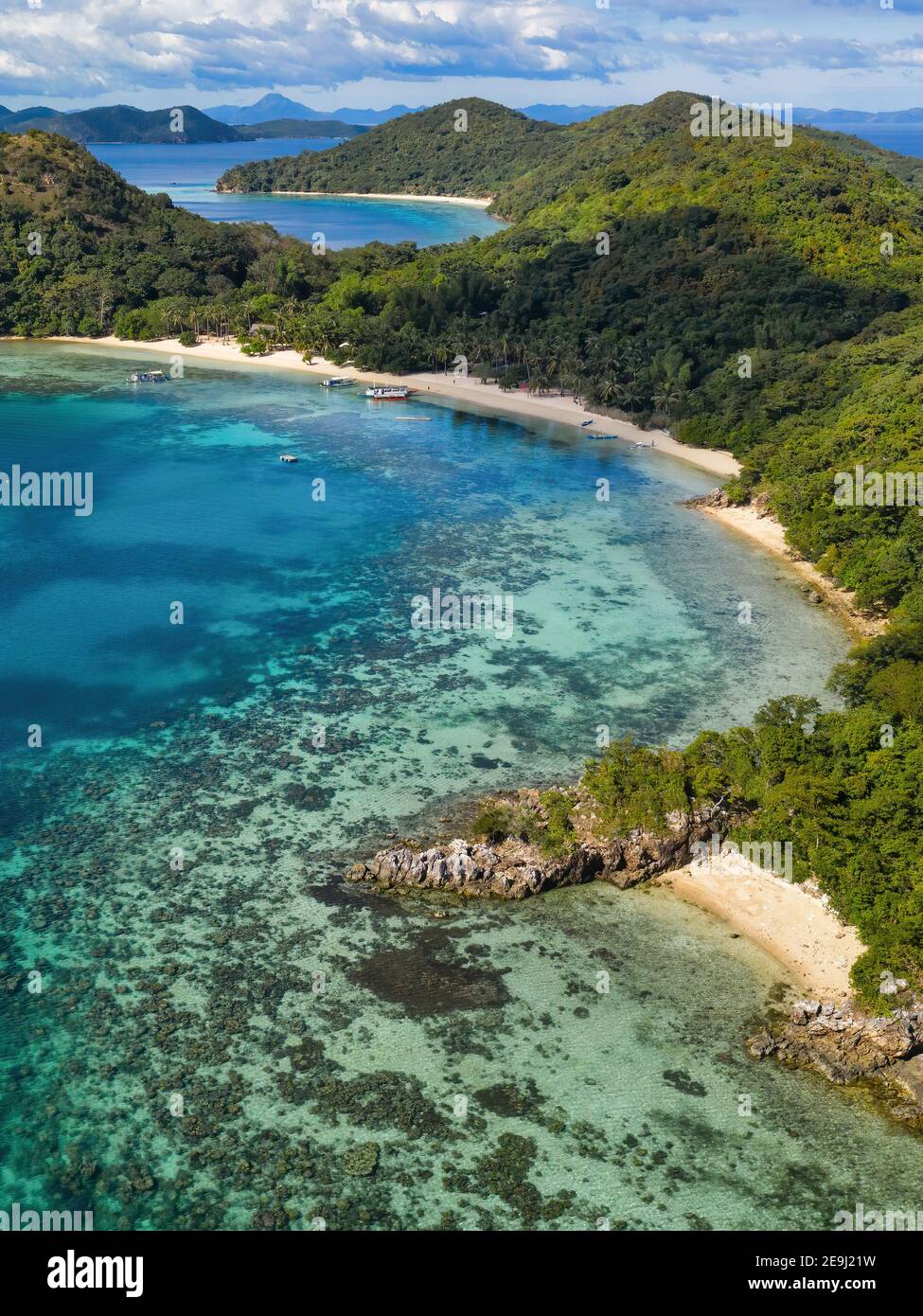 Aerial view taken with  a drone of Island Hopping destination known as Coco Beach, Coron, Palawan, Philippines Stock Photo