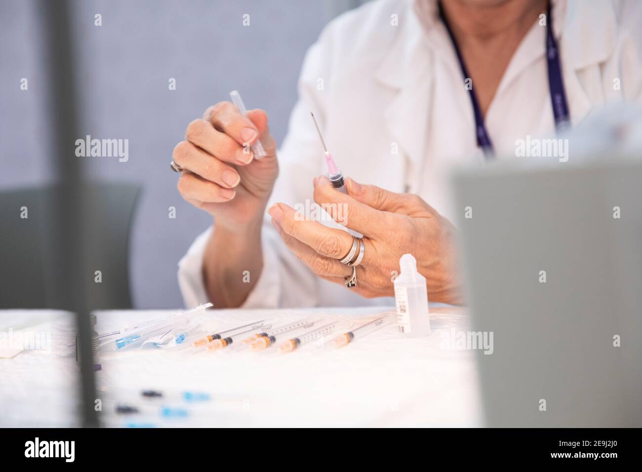 Barcelona, Spain. 2021.02.03. At the 'Hospital de la Santa Creu i Sant Pau', the week of February 1 to 7, they are administering the second dose of the Pfizer vaccine to all hospital staff (between 5,000 and 6,000 people). Stock Photo