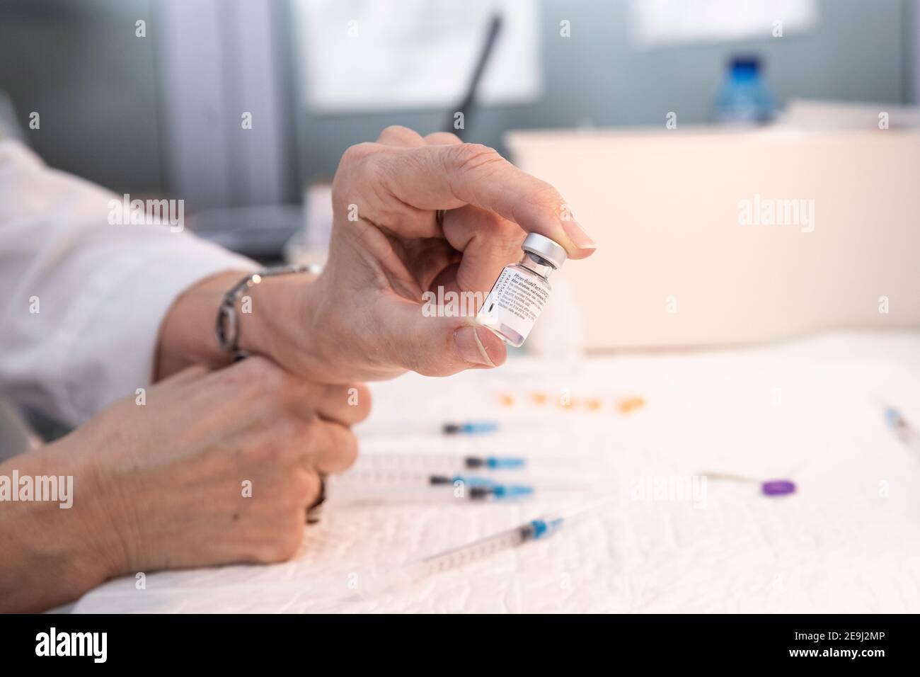 Barcelona, Spain. 2021.02.03. At the 'Hospital de la Santa Creu i Sant Pau', the week of February 1 to 7, they are administering the second dose of the Pfizer vaccine to all hospital staff (between 5,000 and 6,000 people). Stock Photo