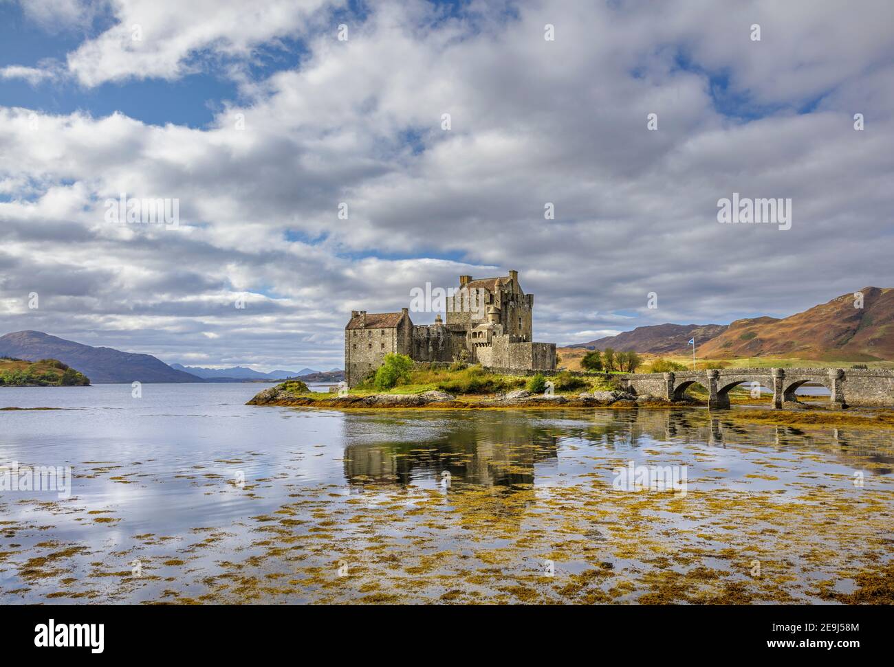 Western Highlands, Scotland: Eilean Donan Castle and reflections, Kyle of Lochalsh, Kintail National Scenic Area Stock Photo