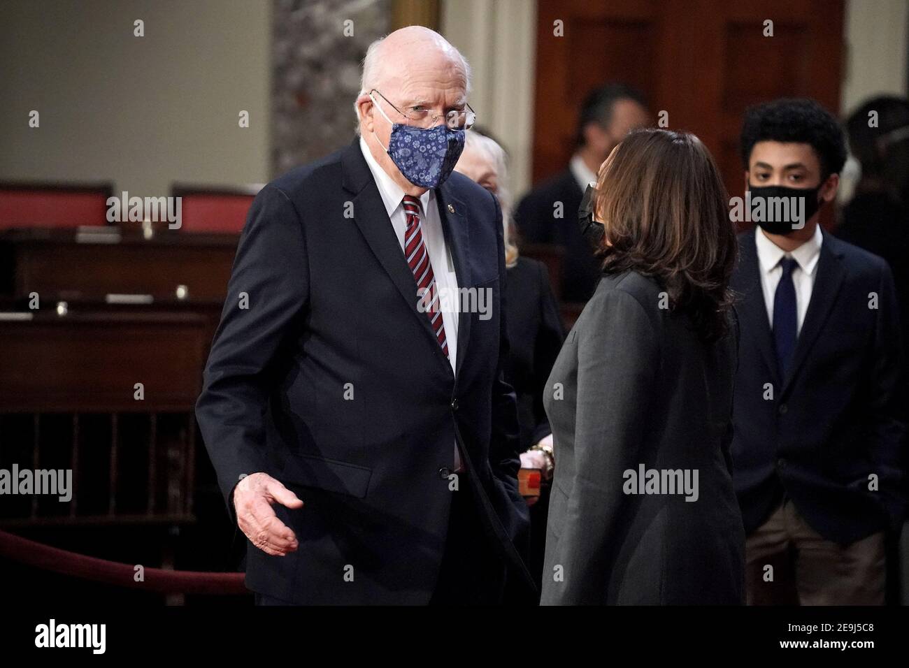 Sen. Patrick Leahy (D-Vt.) speaks to Vice President Kamala Harris before a ceremonial swearing in photo op on Thursday, February 4, 2021 in the Old Senate Chamber at the U.S. Capitol in Washington, DC.Credit: Greg Nash/Pool via CNP | usage worldwide Stock Photo