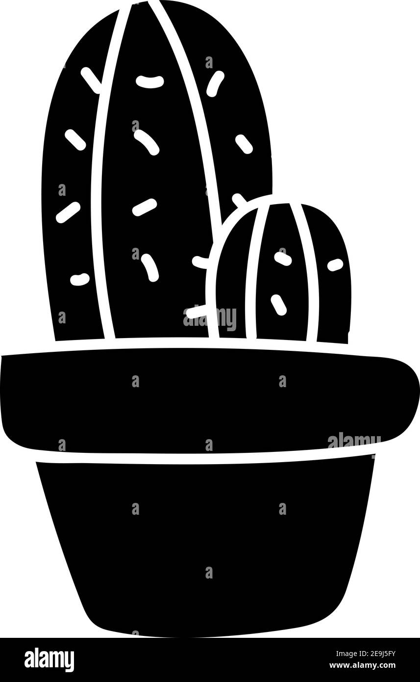 Two black prickly cactuses in a pot, illustration, vector on white background. Stock Vector