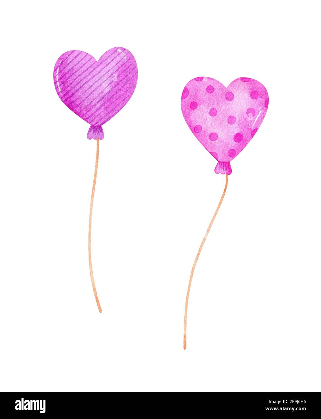 Watercolor set with festive purple and pink heart shaped balloons ...