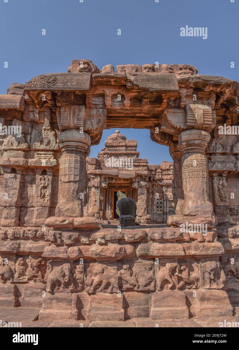 pattadakal temple a valley of red soil.South Indian temples with Indian rock cut architecture in karnataka near Badami city . Stock Photo